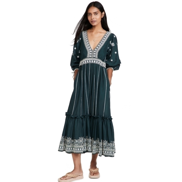 Cara Cara Dresses & Skirts - CARA Cara Round Hill Cotton Green Embroidered Midi Dress Small